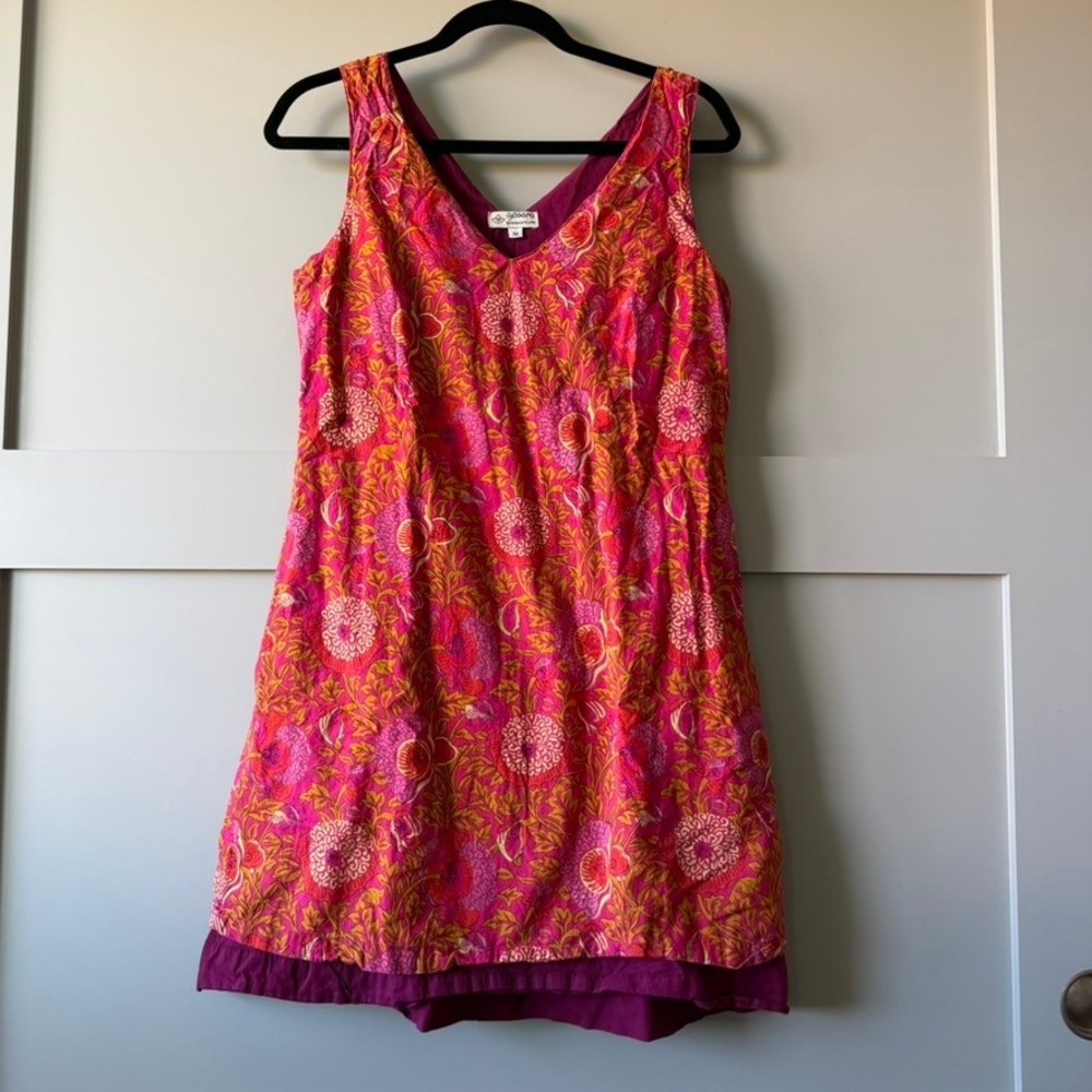 Apsara Dress Women M Pink Orange Floral Block Print‎ Cotton V Neck Knee Length